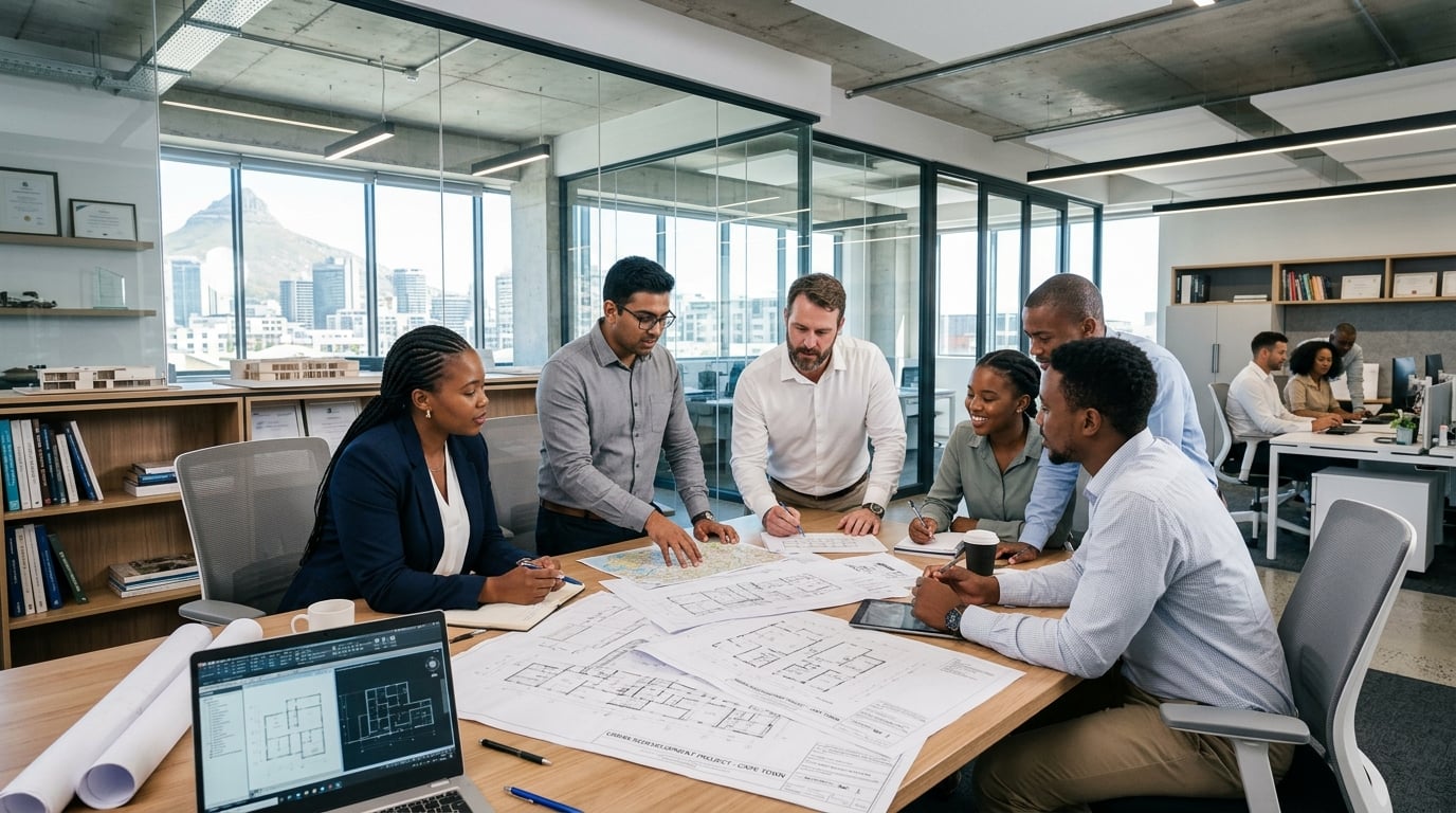 M&AES engineering office with professionals reviewing plans
